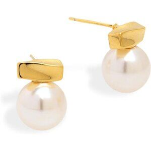 Small Square Gold Pearl Stud Earrings – 14K Gold Plated Hypoallergenic Jewelry